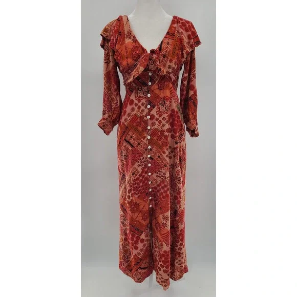Free People Lennon Boho Maxi Wrap Dress Size XS Ruffle Long Sleeve Patchwork - Picture 2 of 12